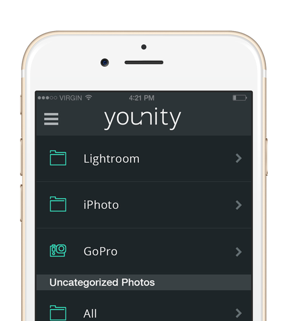 iPhone with younity photo menu UI on screen